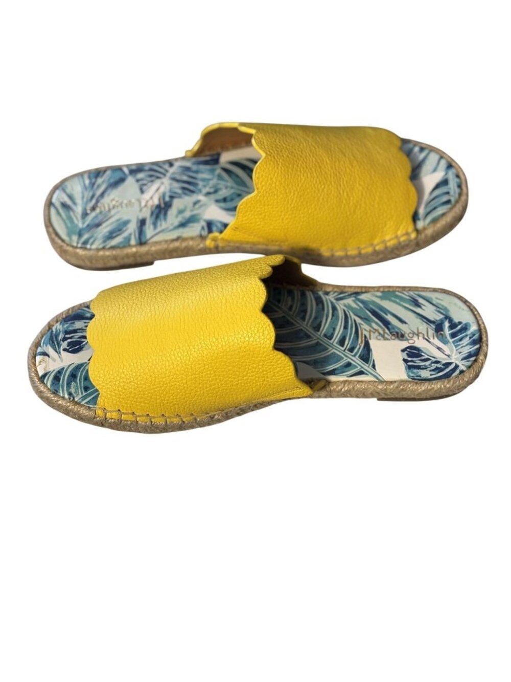 Aries Yellow Leather Scalloped Espadrille Slides Woven Tropical Print Sole Size - Picture 2 of 8